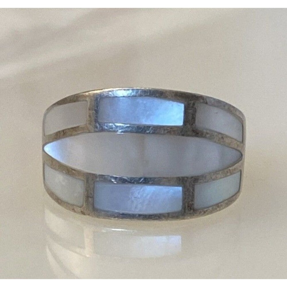 Mother of Pearl Inlay 925 Sterling Silver Nacre Iridescent Mosaic Tile Ring 7.5 - Picture 4 of 11